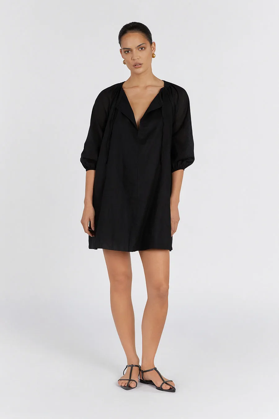 NADIA BLACK LINEN SMOCK DRESS sold by Dissh