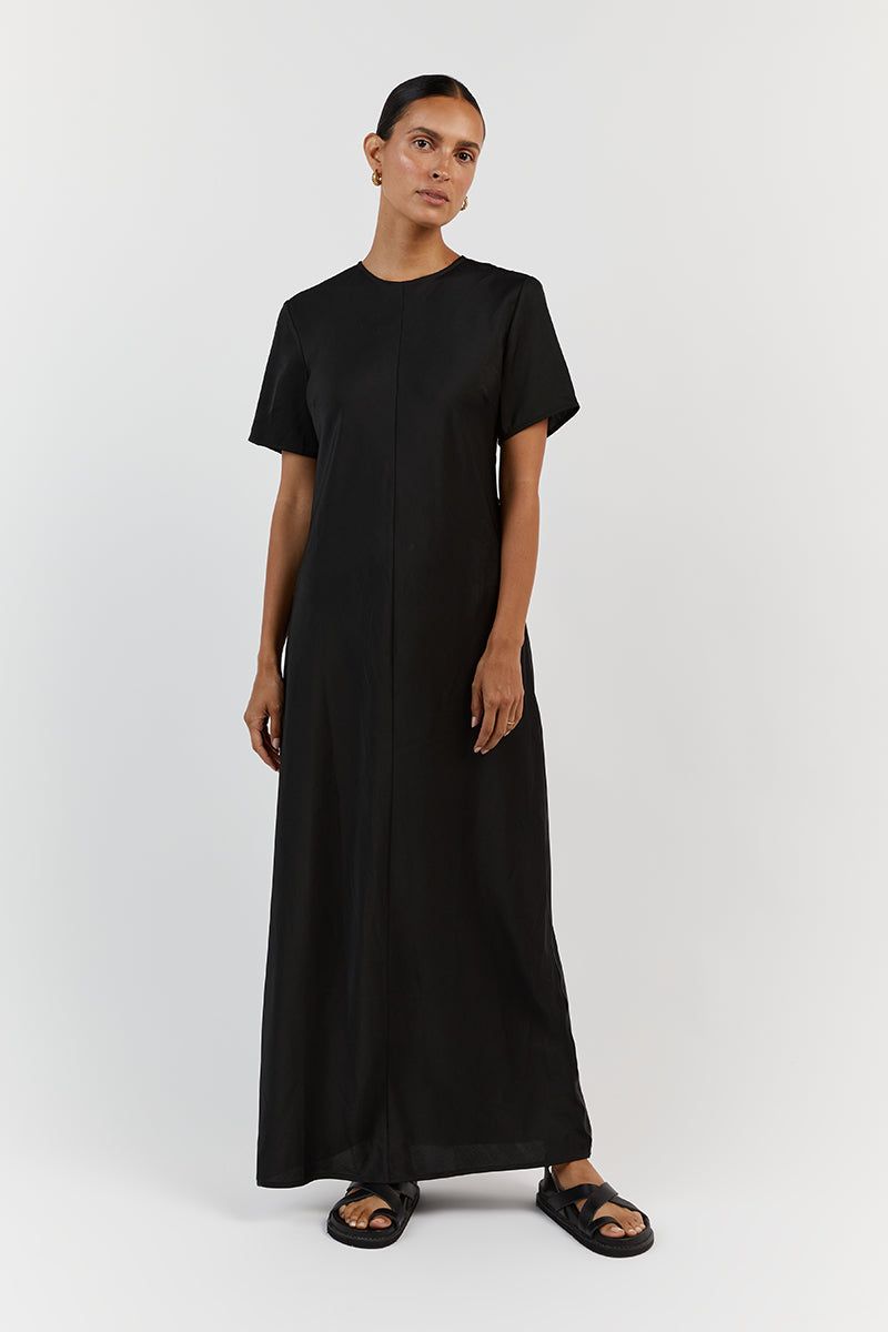 BLOOM BLACK SATIN SLEEVE MIDI DRESS sold by Dissh