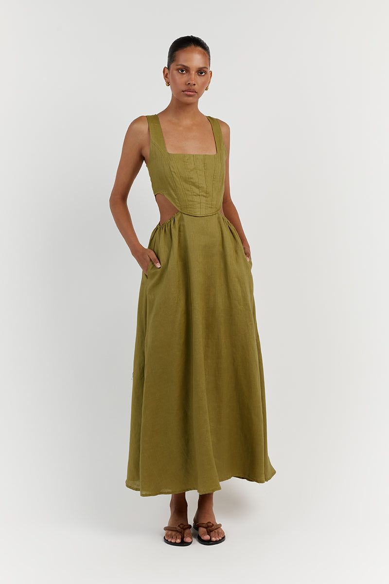 JOEY OLIVE LINEN CORSET MIDI DRESS sold by Dissh product image thumbnail 2