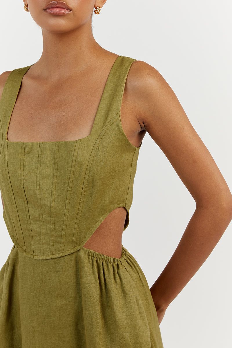 JOEY OLIVE LINEN CORSET MIDI DRESS sold by Dissh product image thumbnail 5