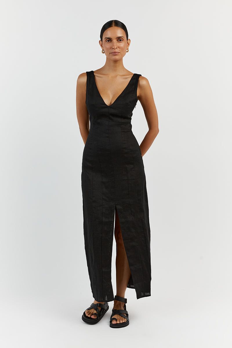 MILAHN BLACK LINEN V NECK DRESS sold by Dissh product image thumbnail 3