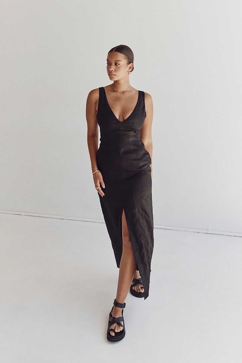 MILAHN BLACK LINEN V NECK DRESS sold by Dissh