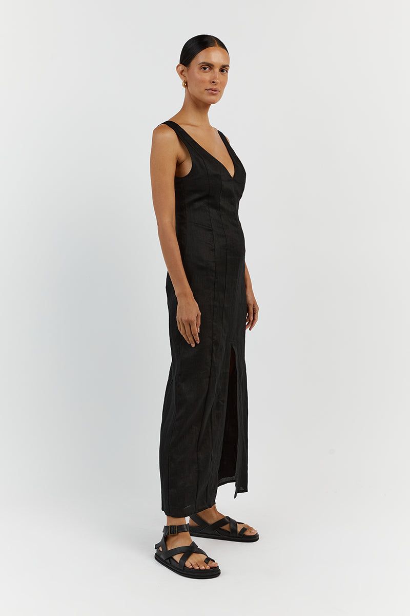 MILAHN BLACK LINEN V NECK DRESS sold by Dissh product image thumbnail 4