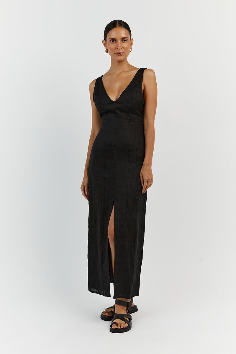 MILAHN BLACK LINEN V NECK DRESS sold by Dissh product image thumbnail 2