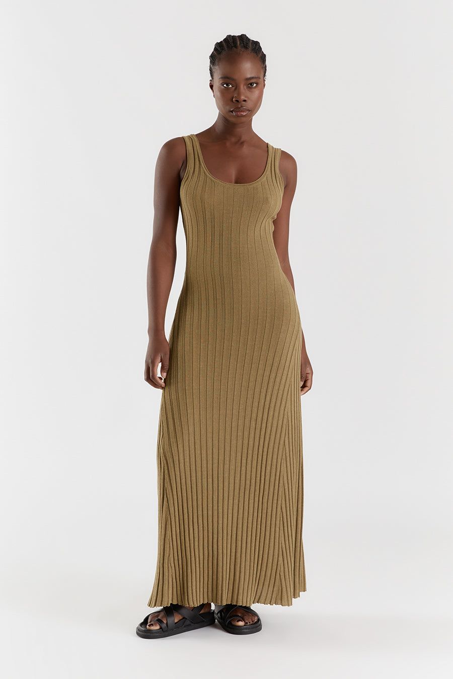 GOLDIE KHAKI MARLE SCOOP MIDI DRESS sold by Dissh