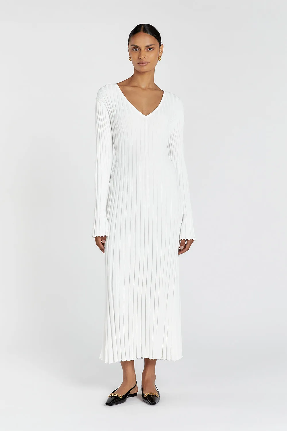 REIGN WHITE SLEEVED KNIT MIDI DRESS sold by Dissh
