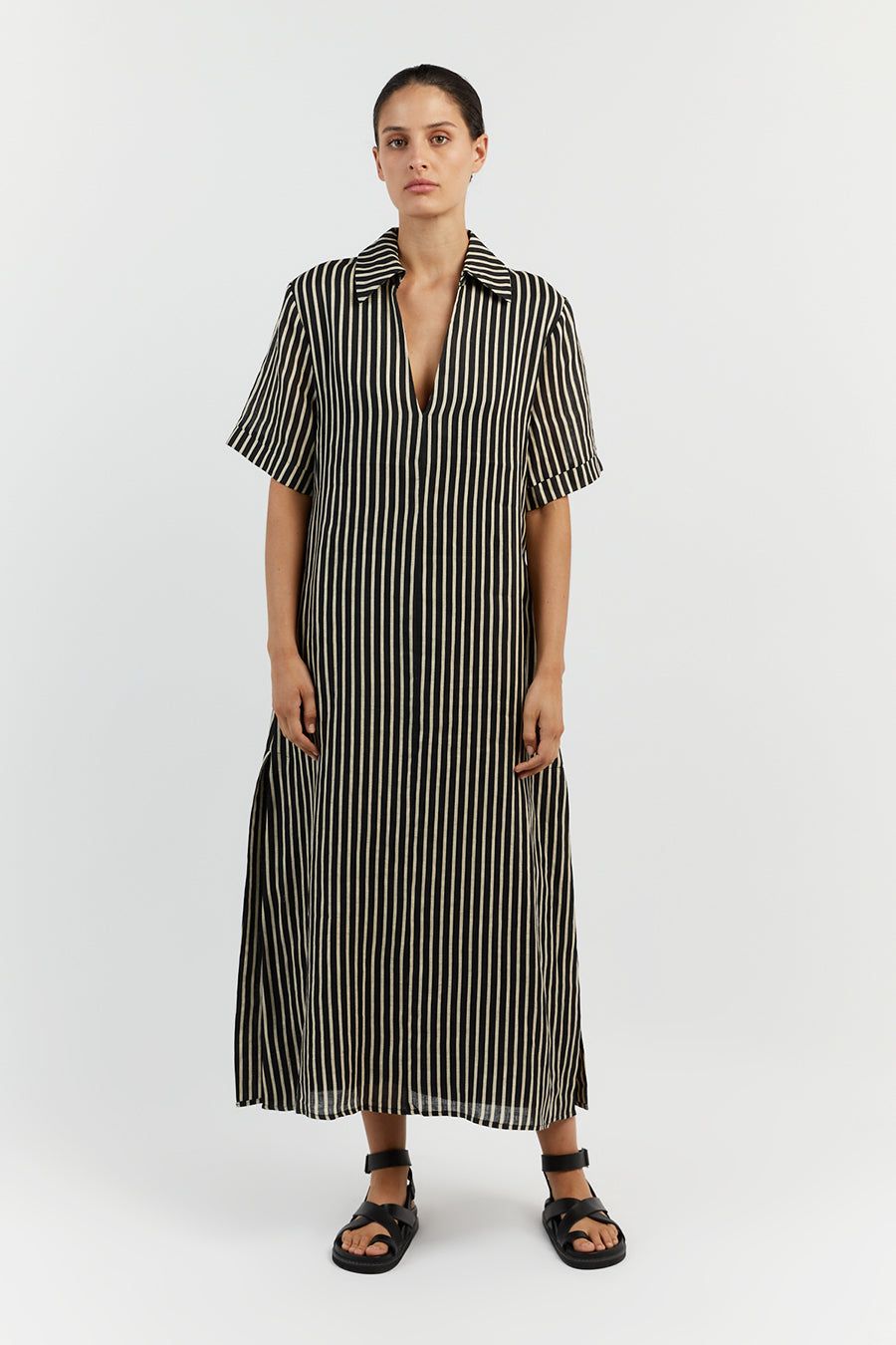 RORY BLACK LINEN SLEEVED MIDI DRESS sold by Dissh