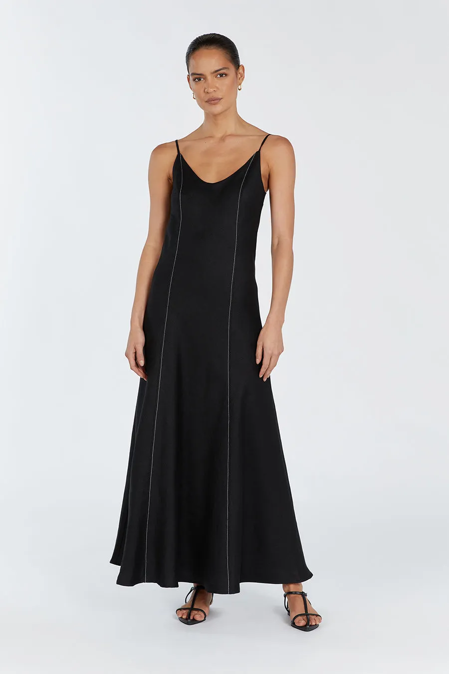 GIANA BLACK LINEN SCOOP MAXI DRESS sold by Dissh