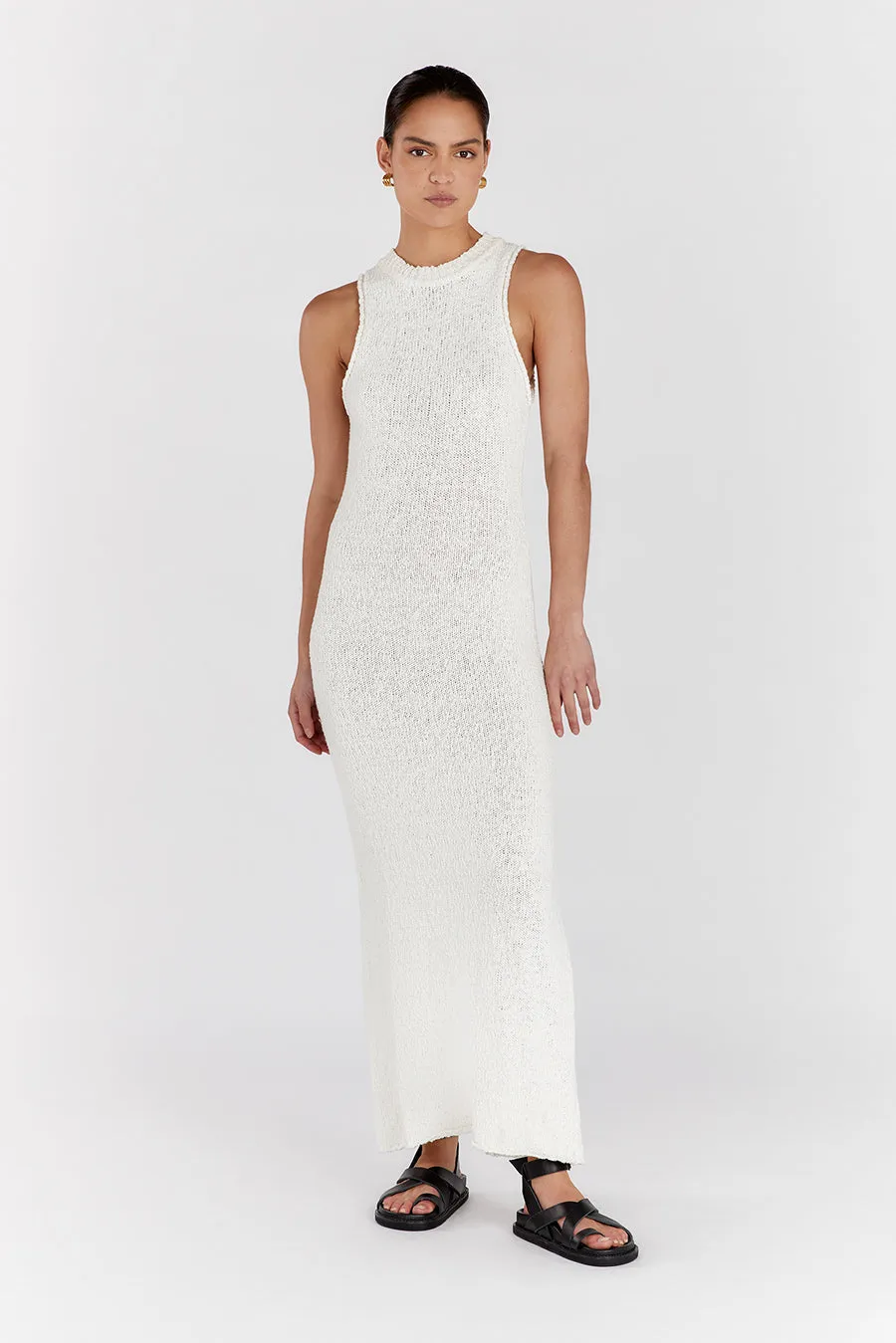 DION OFF WHITE BOUCLE CREW MAXI DRESS sold by Dissh