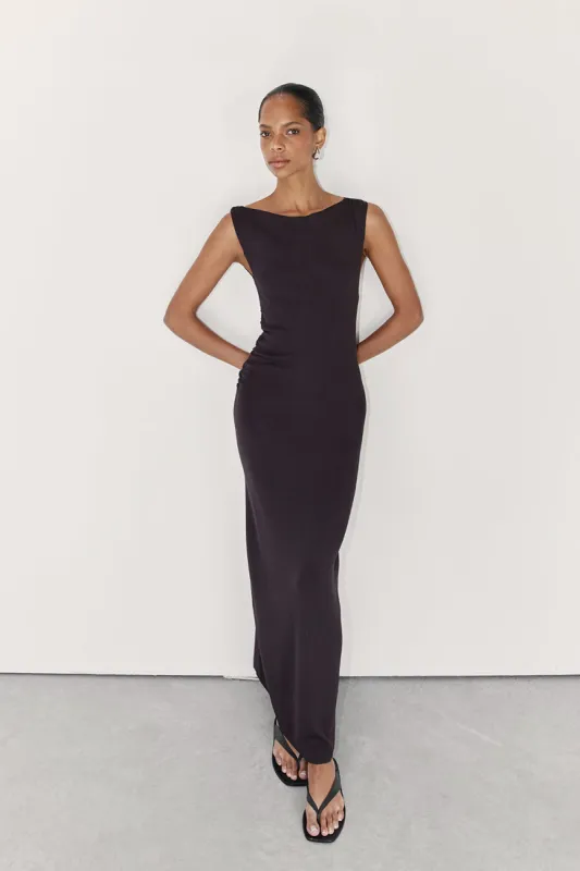 POPPY BITTER CHOC ASYM MIDI DRESS sold by Dissh