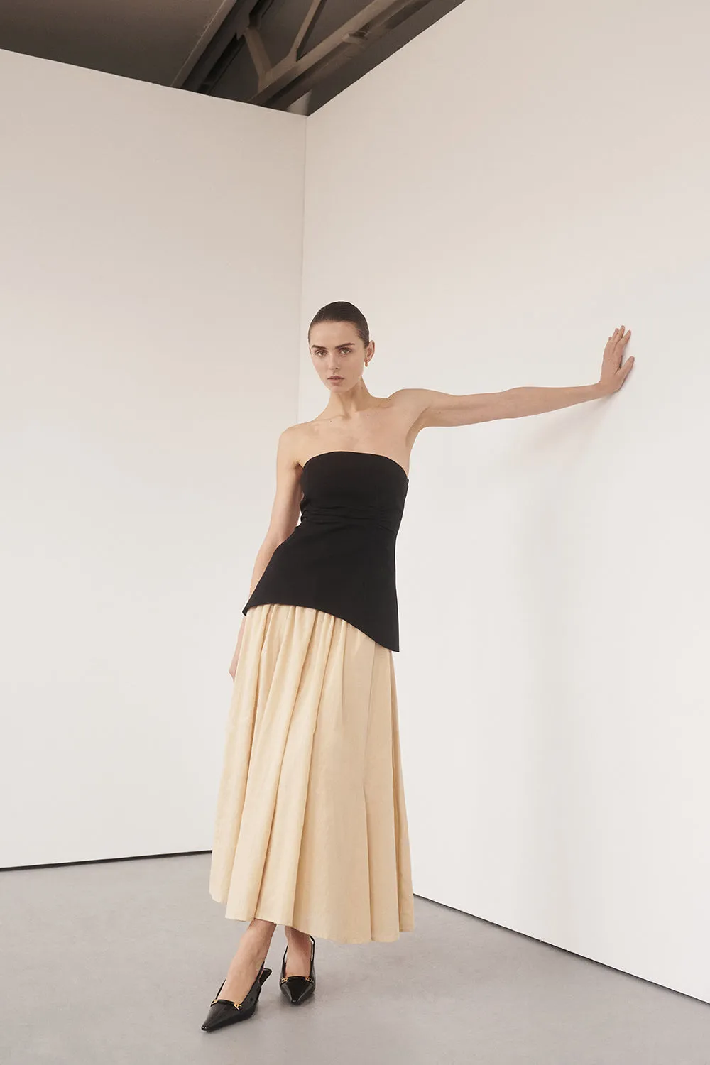 TIA SAND LINEN CIRCLE MIDI SKIRT sold by Dissh