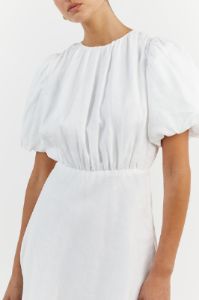 NAT WHITE GATHERED LINEN MINI DRESS sold by Dissh