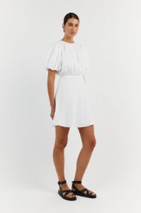 NAT WHITE GATHERED LINEN MINI DRESS sold by Dissh