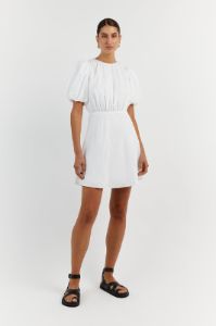 NAT WHITE GATHERED LINEN MINI DRESS sold by Dissh