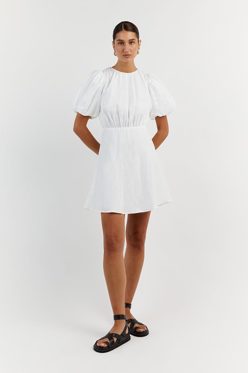 NAT WHITE GATHERED LINEN MINI DRESS sold by Dissh