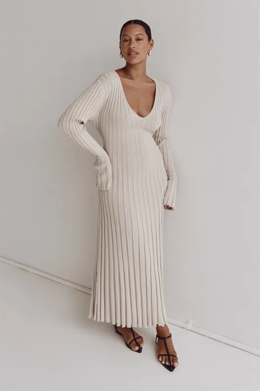 REIGN STONE SLEEVED KNIT MIDI DRESS sold by Dissh