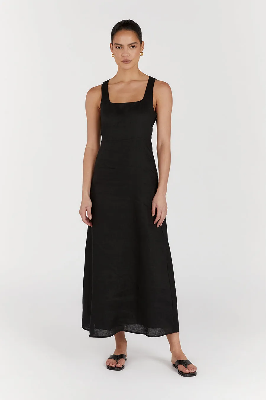 SHANNON BLACK LINEN MIDI DRESS sold by Dissh