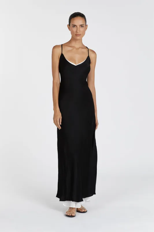 FAY BLACK SATIN V NECK SLIP MAXI DRESS sold by Dissh