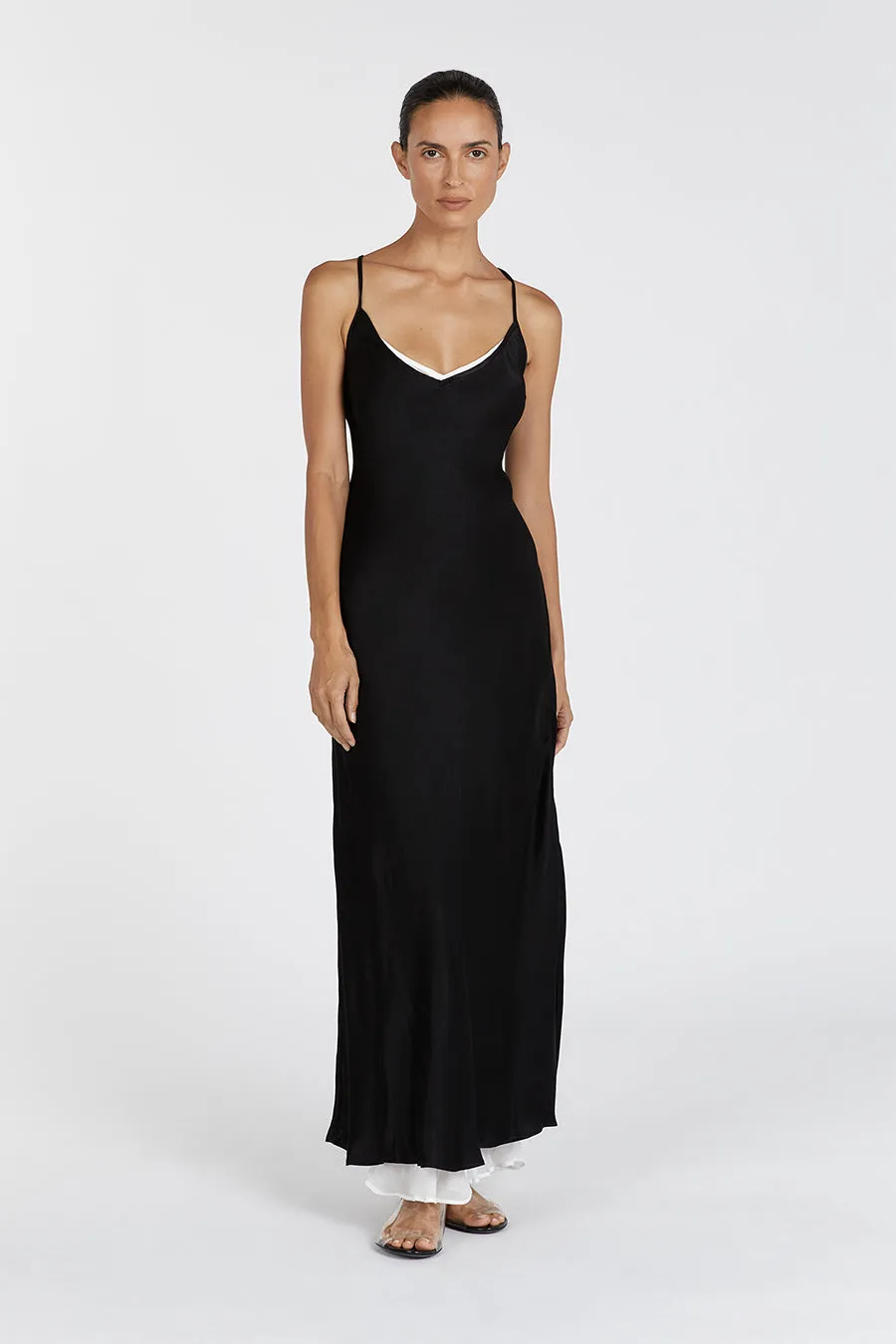 FAY BLACK SATIN V NECK SLIP MAXI DRESS sold by Dissh