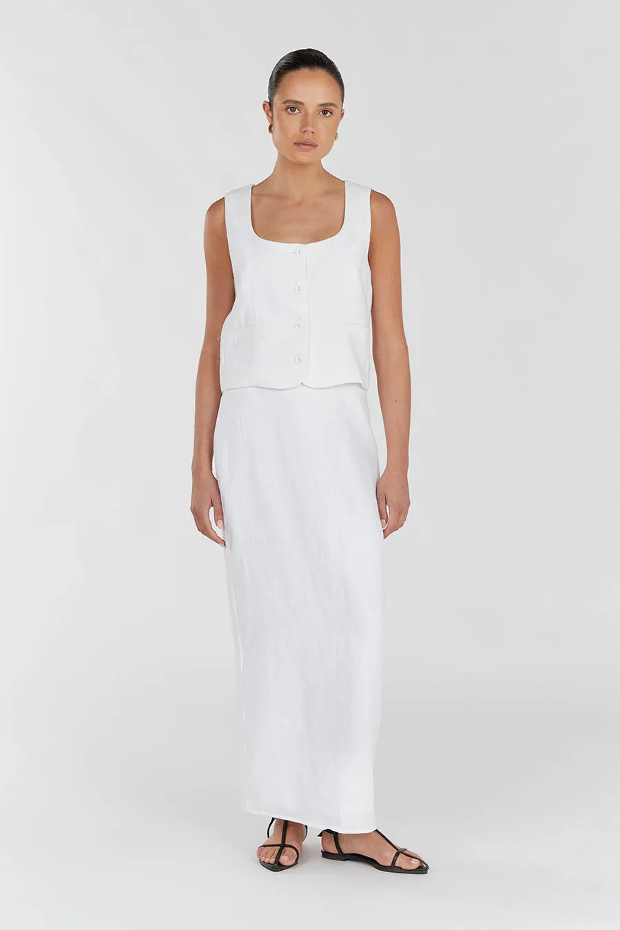 ROBERTS WHITE LINEN MIDI SKIRT sold by Dissh