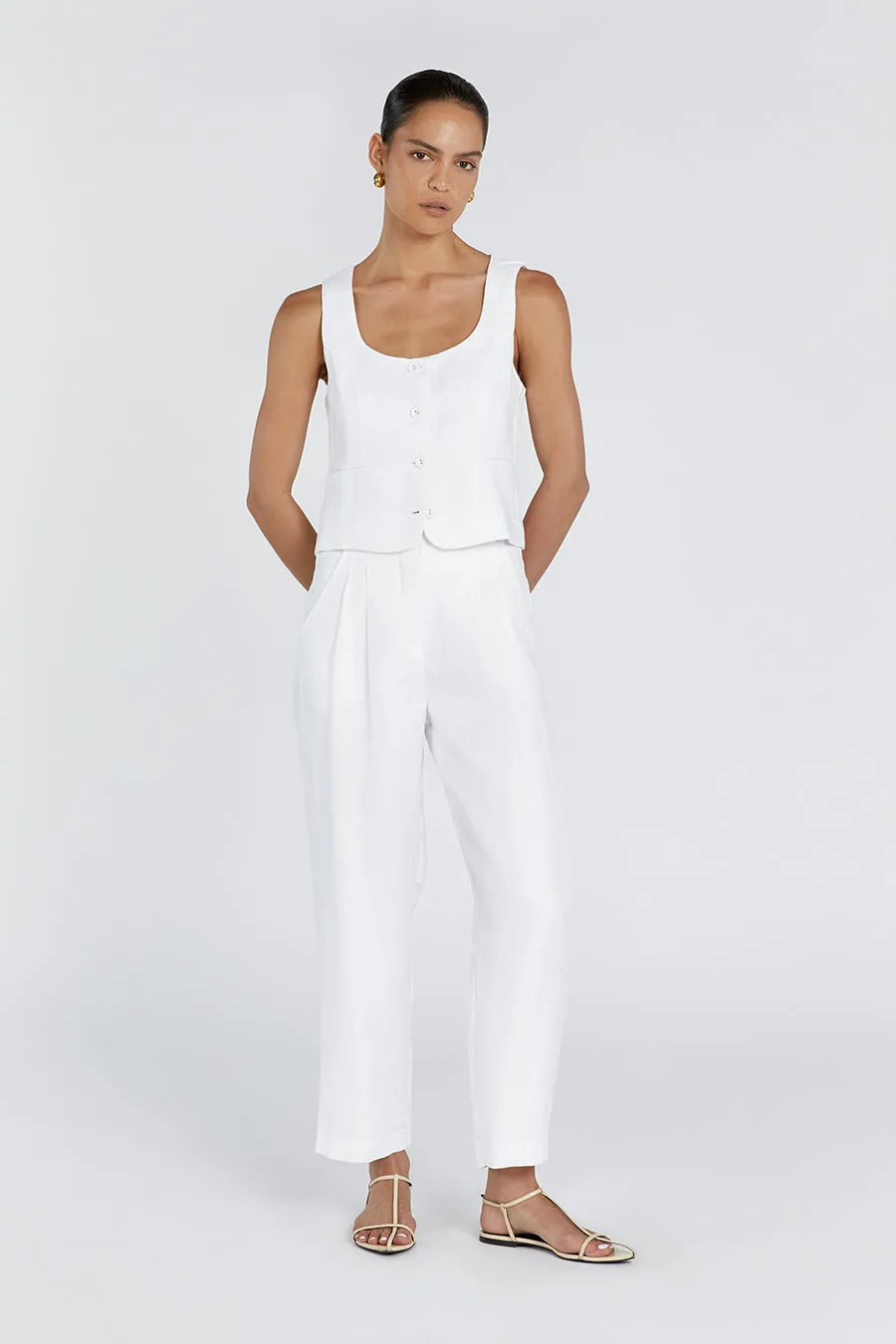 RYAN WHITE LINEN TAPERED PANT sold by Dissh