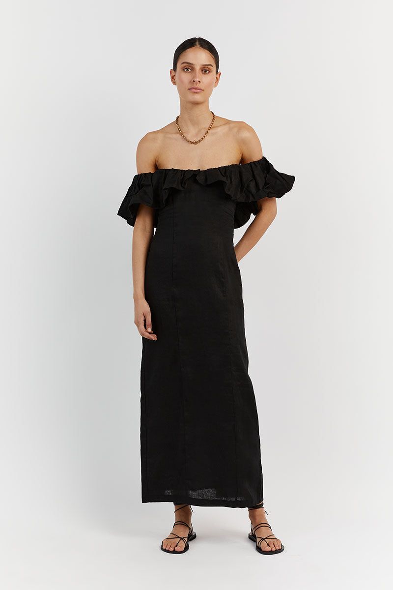 ISABELLE BLACK LINEN MIDI DRESS sold by Dissh