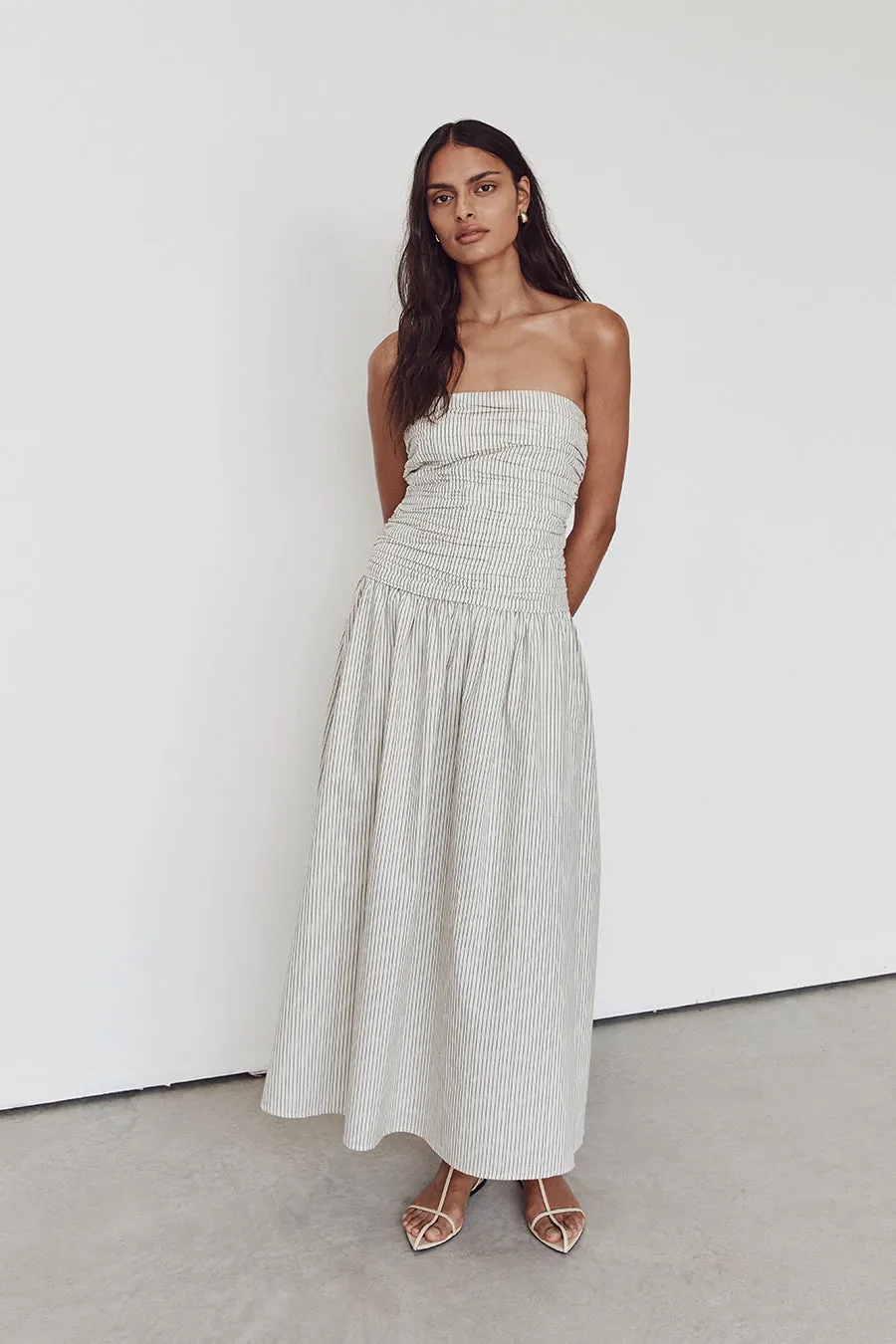 AYLA CREAM STRIPE MIDI DRESS sold by Dissh