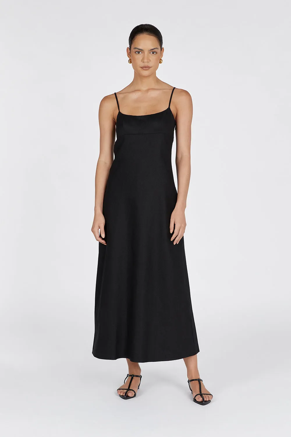 LUCIA BLACK LINEN MIDI DRESS sold by Dissh