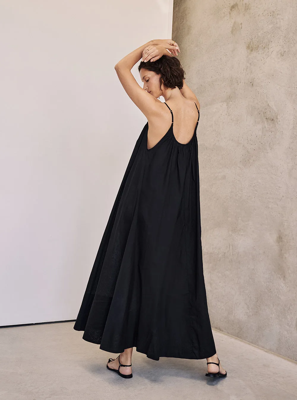 CAPRI BLACK LINEN SHEER MAXI DRESS sold by Dissh