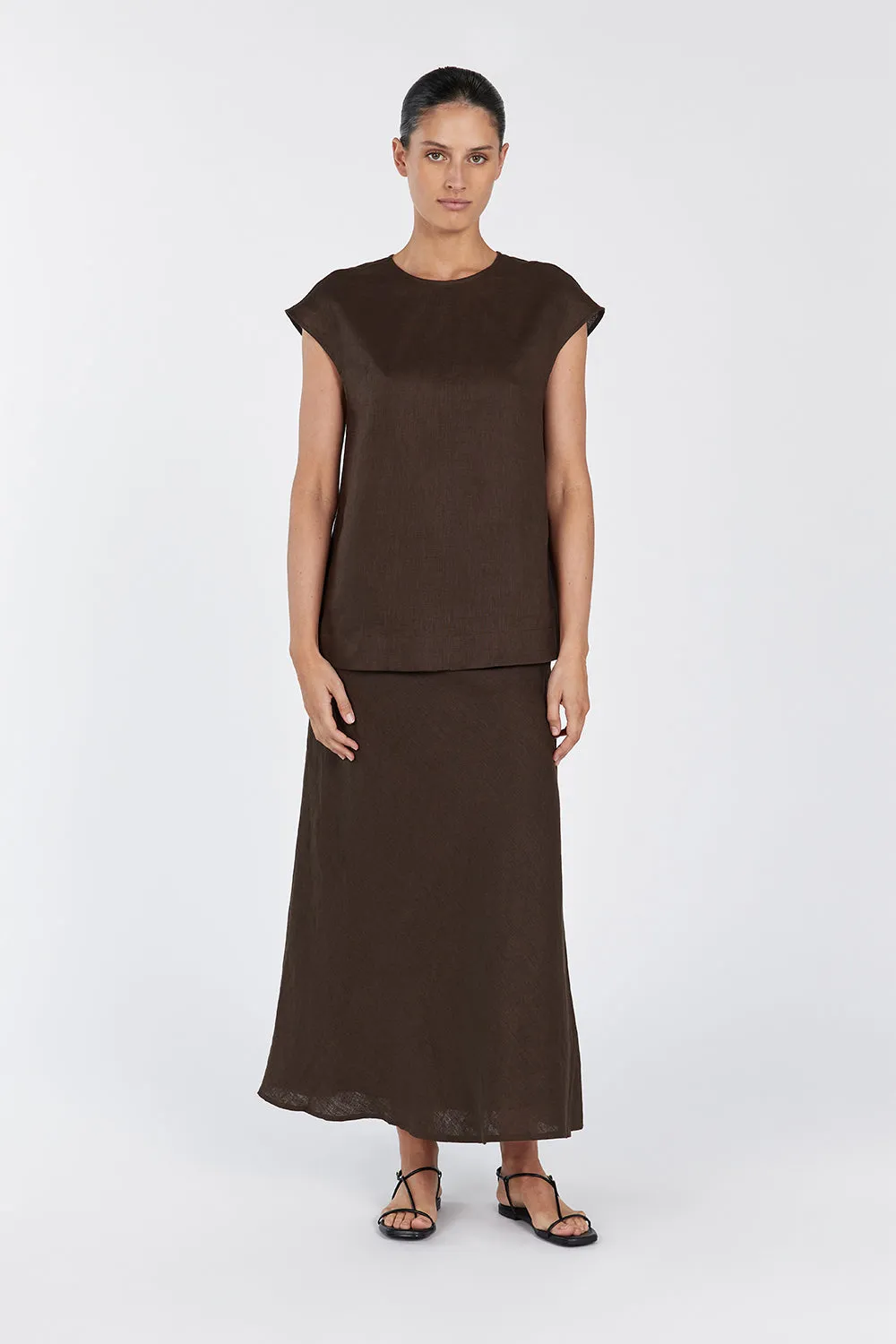 SANDY BITTER CHOC LINEN SHELL TOP sold by Dissh