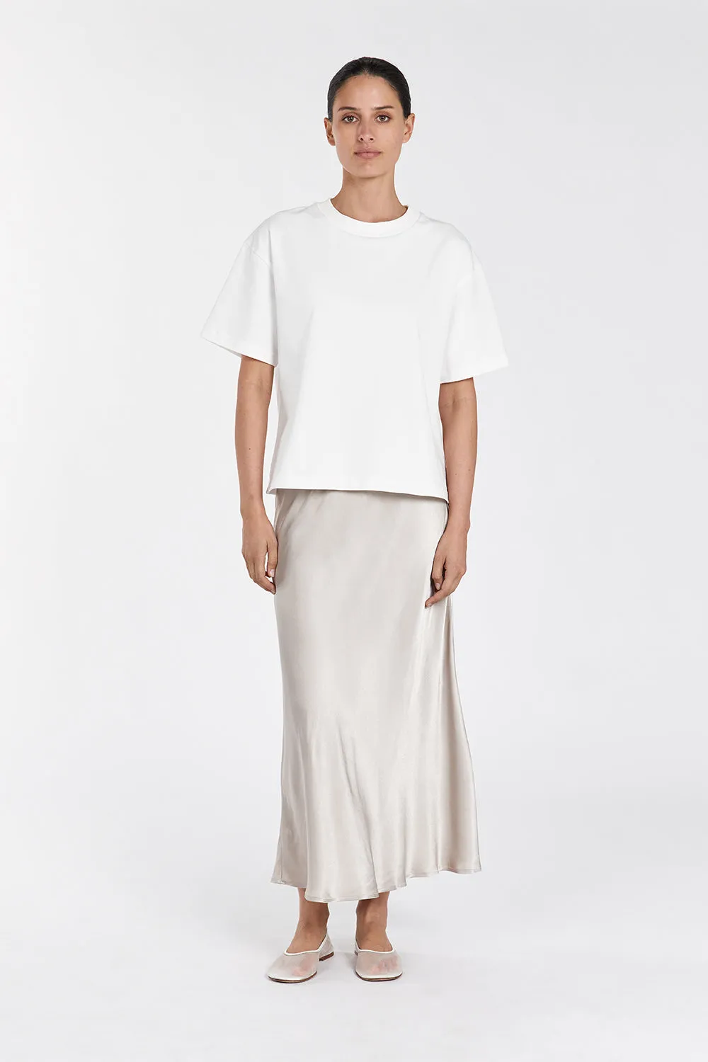 EMELIA CHALK SATIN MIDI SKIRT sold by Dissh
