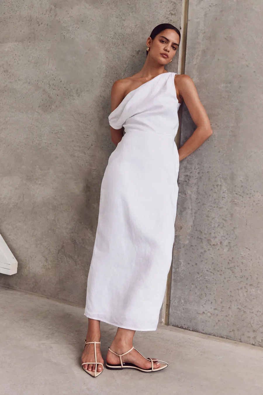 CASS WHITE LINEN ASYM MIDI DRESS sold by Dissh