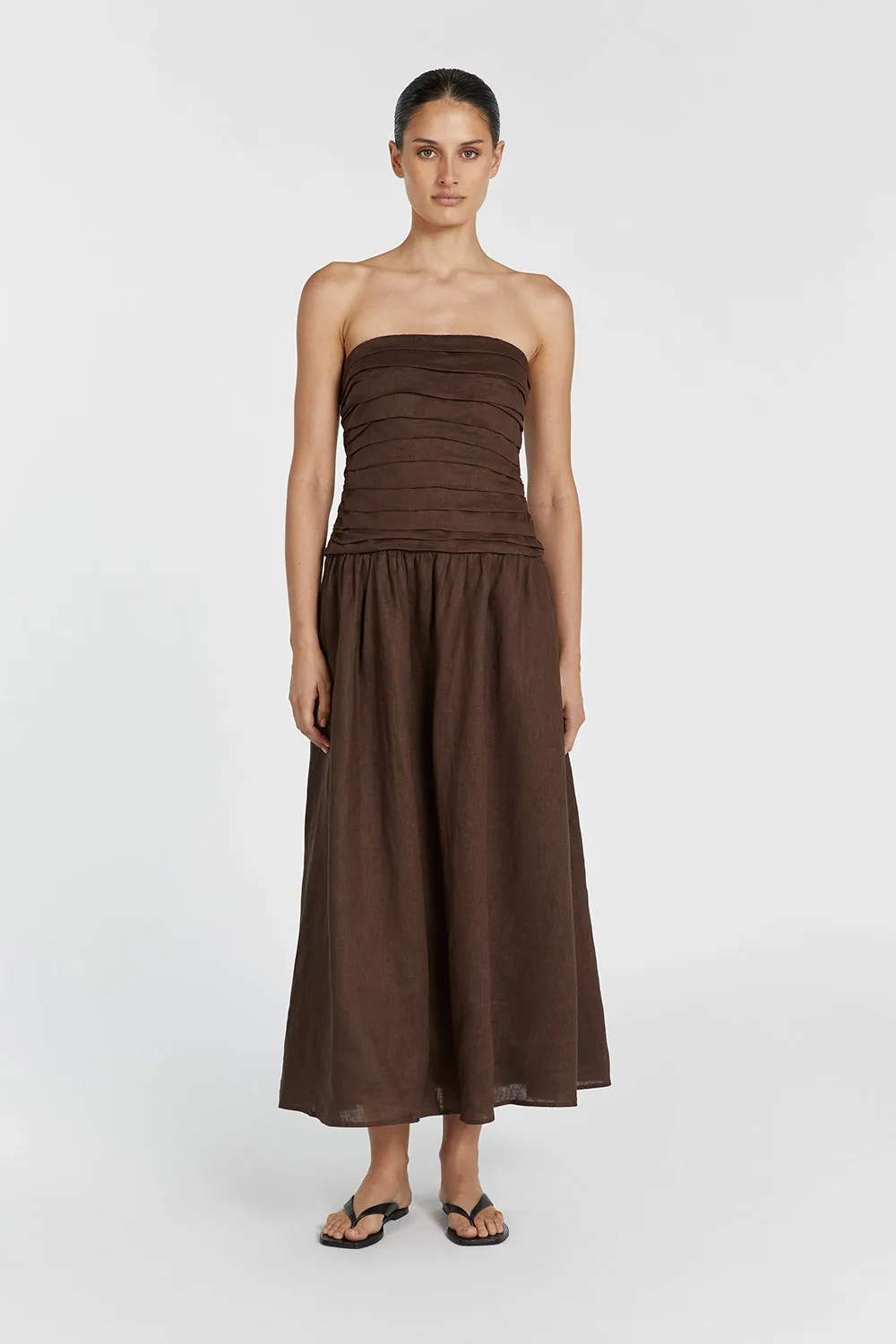 CATANIA BITTER CHOC LINEN STRAPLESS MIDI DRESS sold by Dissh product image thumbnail 2