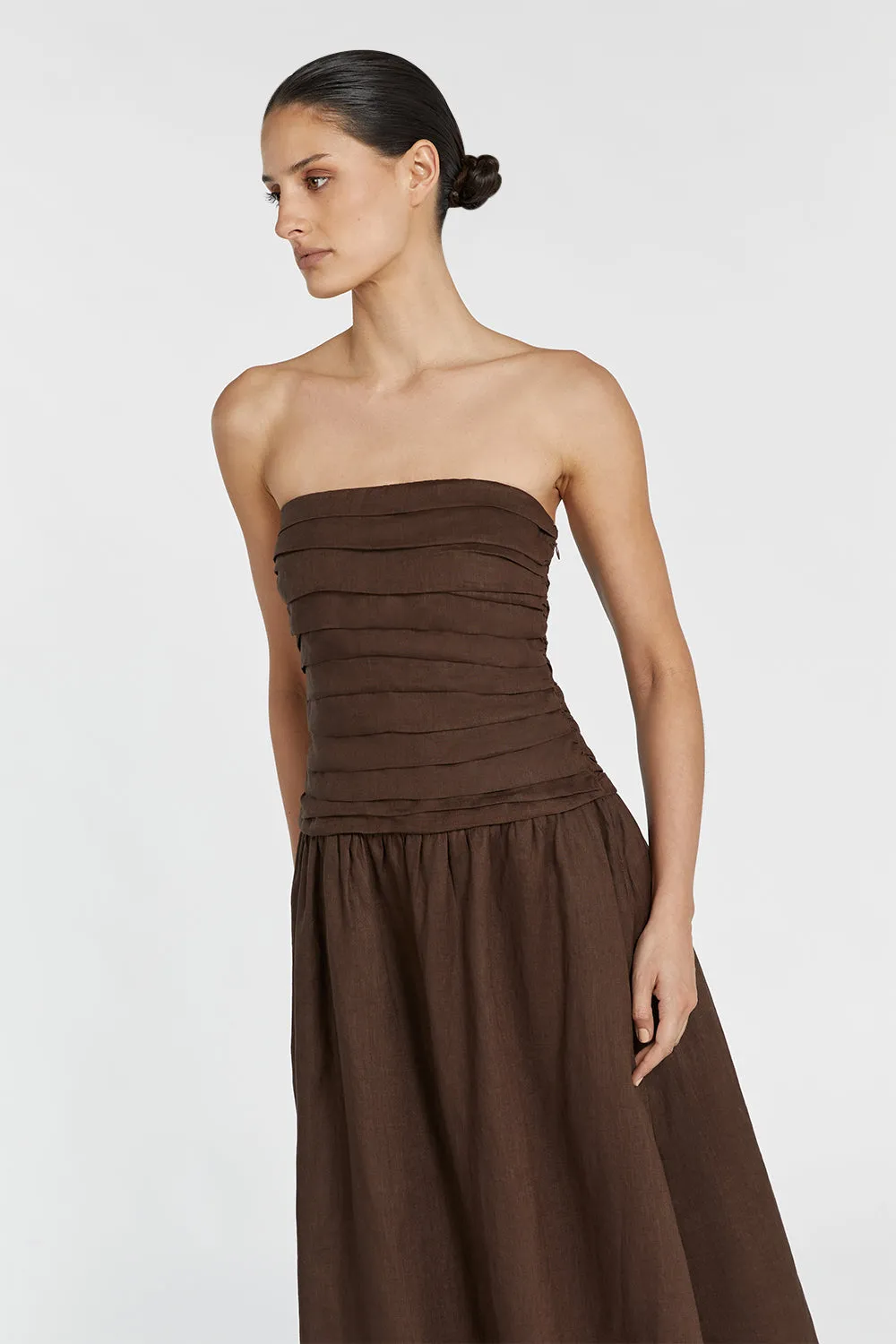 CATANIA BITTER CHOC LINEN STRAPLESS MIDI DRESS sold by Dissh product image thumbnail 3