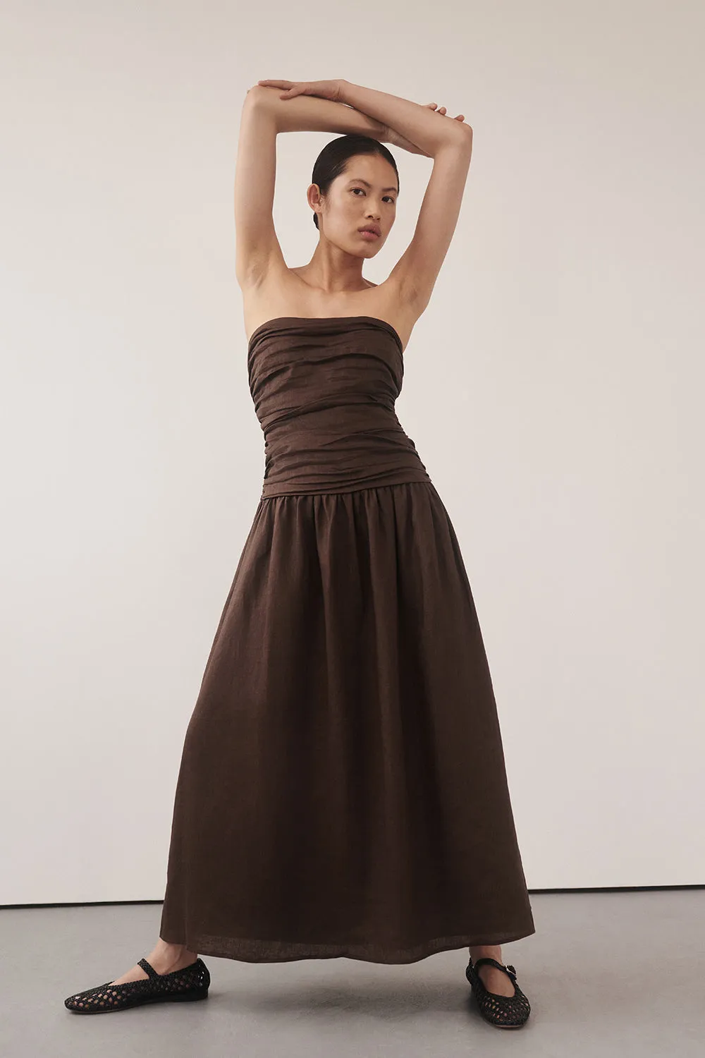 CATANIA BITTER CHOC LINEN STRAPLESS MIDI DRESS sold by Dissh