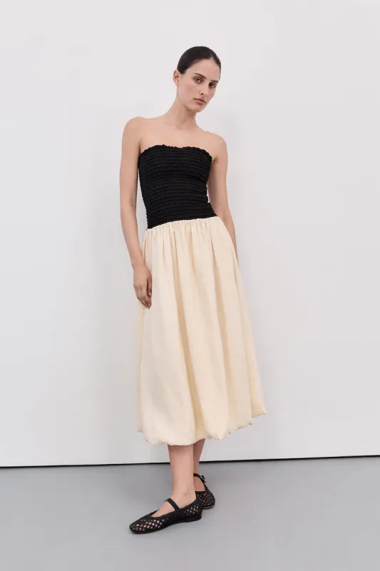 LEN BLACK STRAPLESS MIDI DRESS sold by Dissh