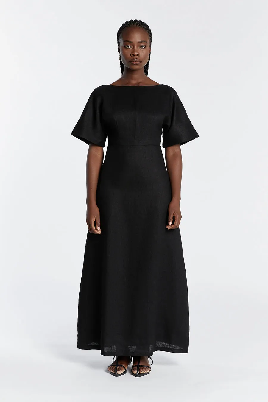 LYNDAL BLACK LINEN MIDI DRESS sold by Dissh