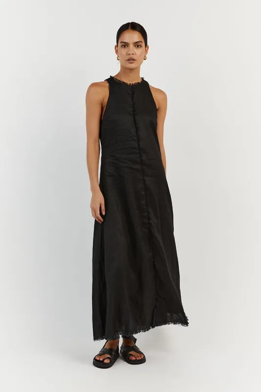 GEORGIE BLACK LINEN HIGH NECK DRESS sold by Dissh