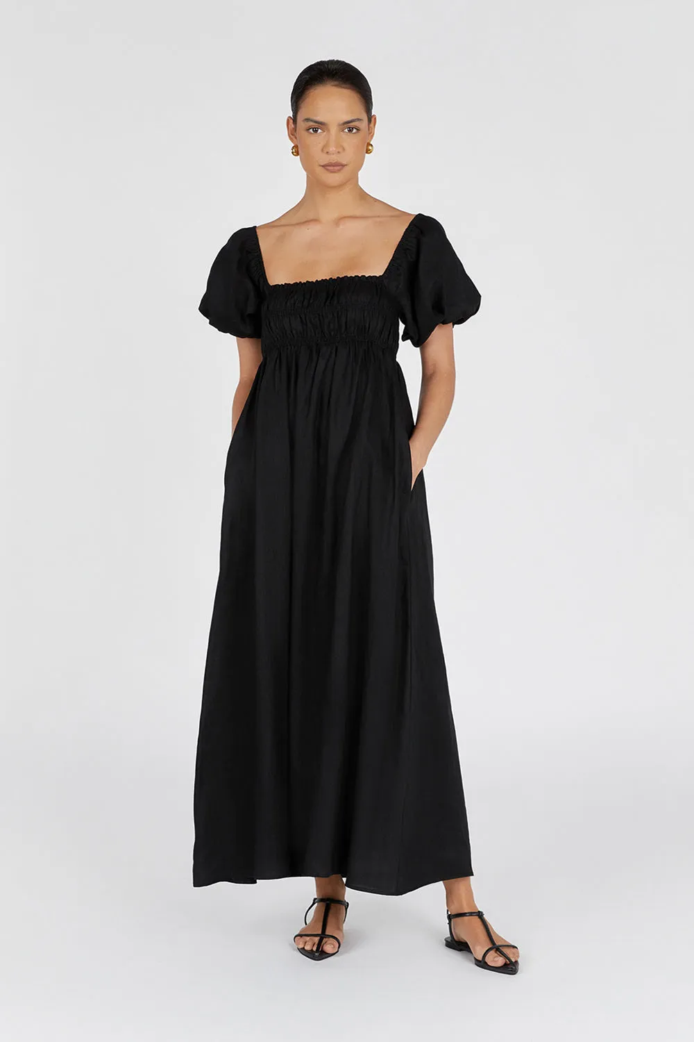 BIANCA BLACK LINEN MIDI DRESS sold by Dissh