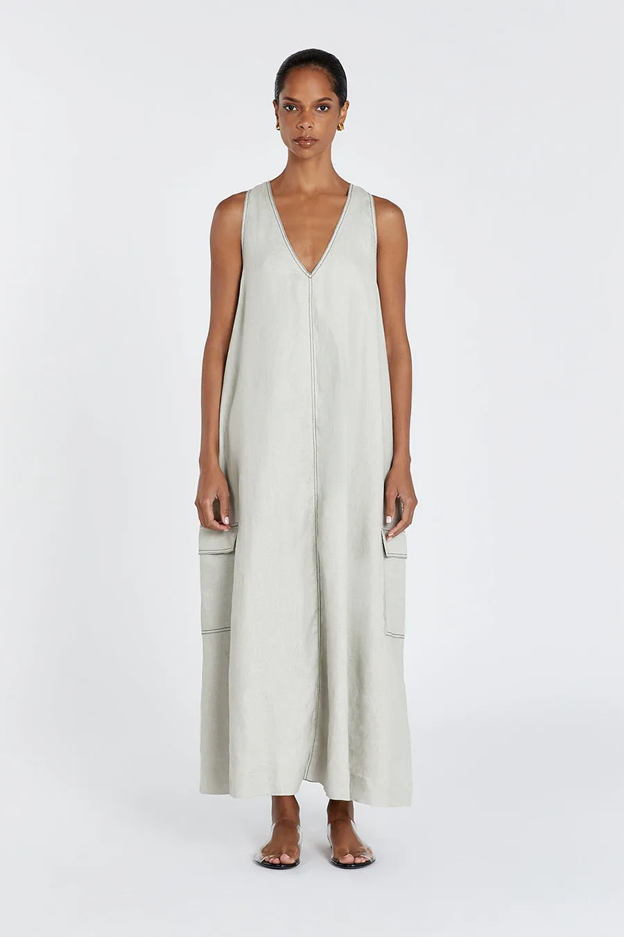 LAURENT CHALK CARGO LINEN MIDI DRESS sold by Dissh