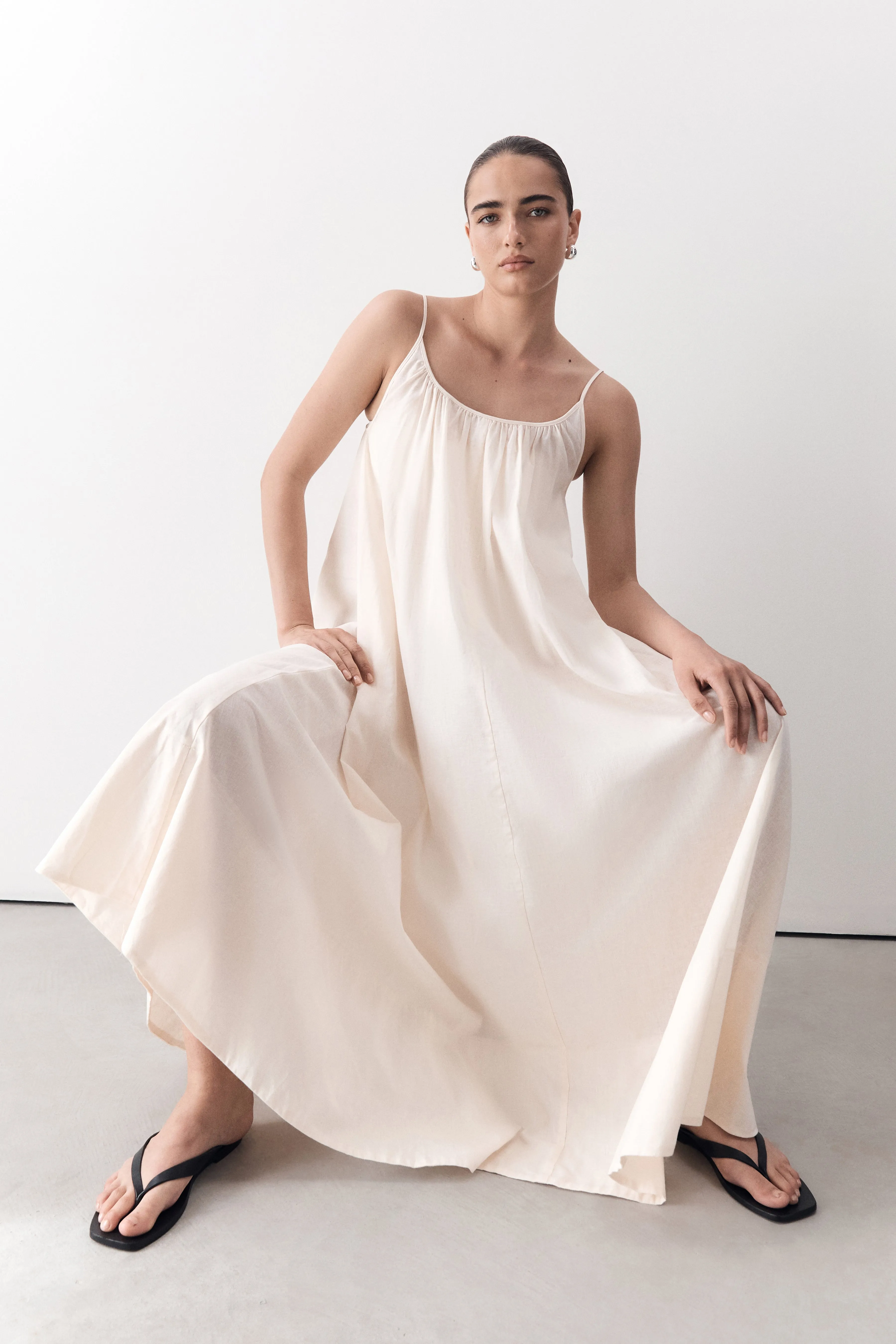 TROPEA CREAM LINEN SHEER MIDI DRESS | Parallel