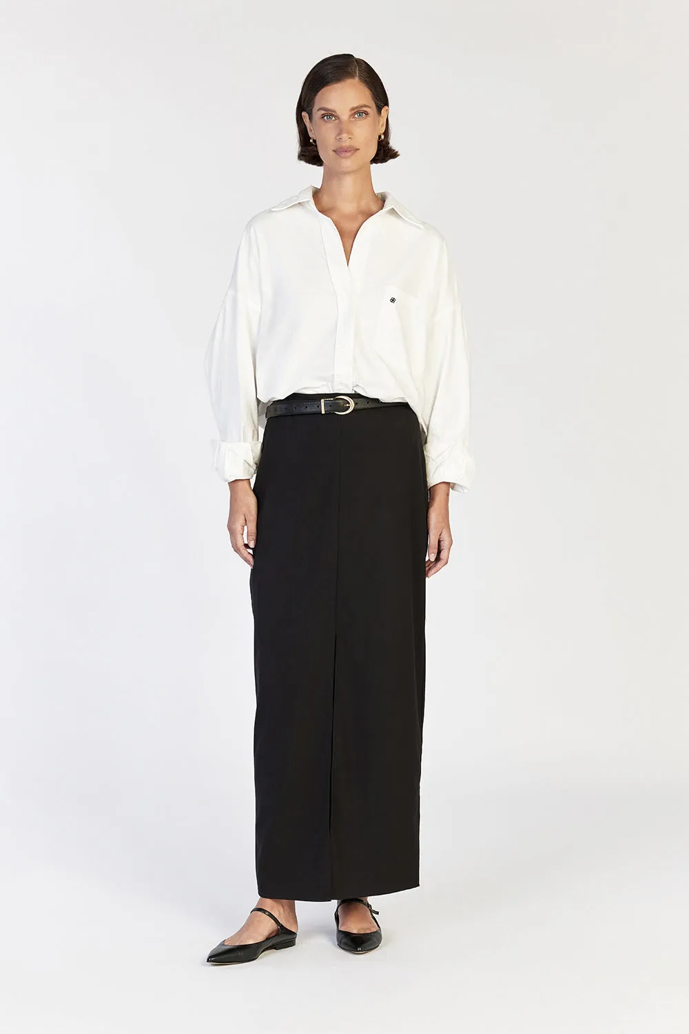 DREW BLACK FRONT MIDI SKIRT sold by Dissh