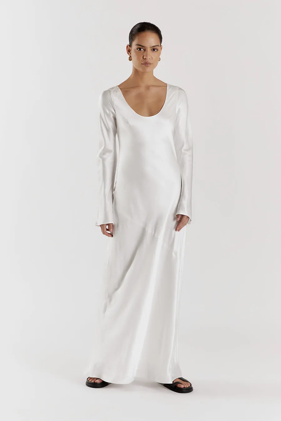 LEA WHITE SLEEVED SATIN MAXI DRESS sold by Dissh