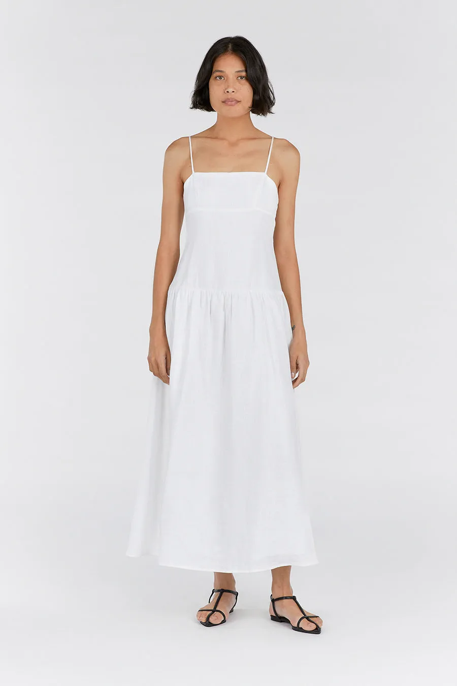 KAY WHITE LINEN MIDI DRESS sold by Dissh