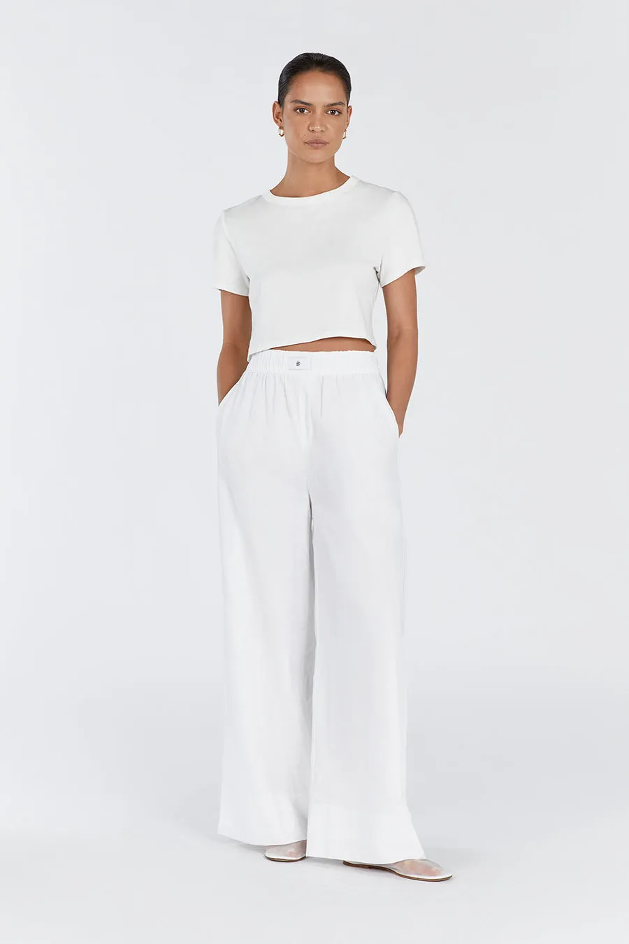 LAIKEN WHITE WIDE LEG LINEN PANT sold by Dissh