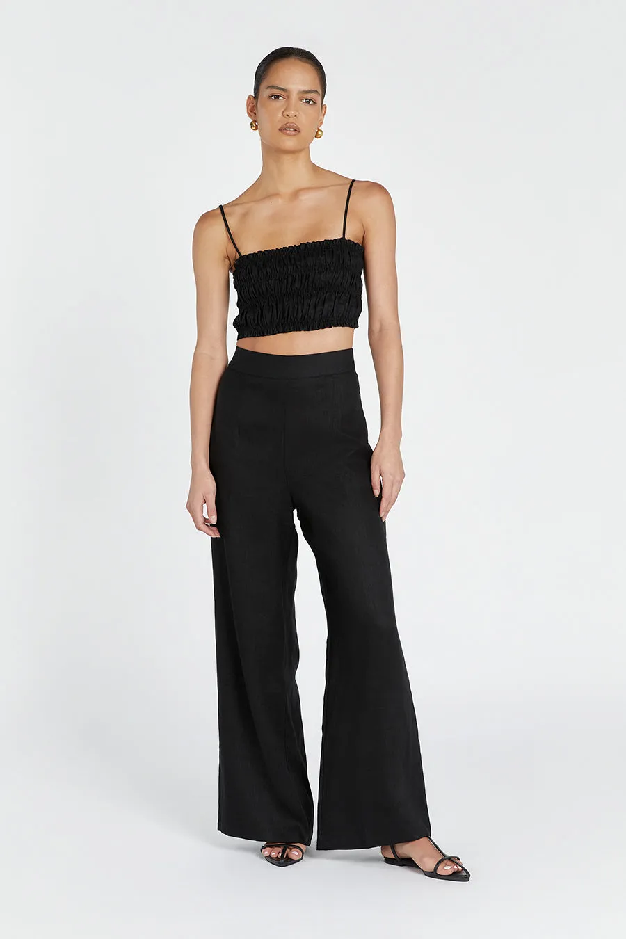 BIANCA BLACK SHIRRED LINEN TOP sold by Dissh