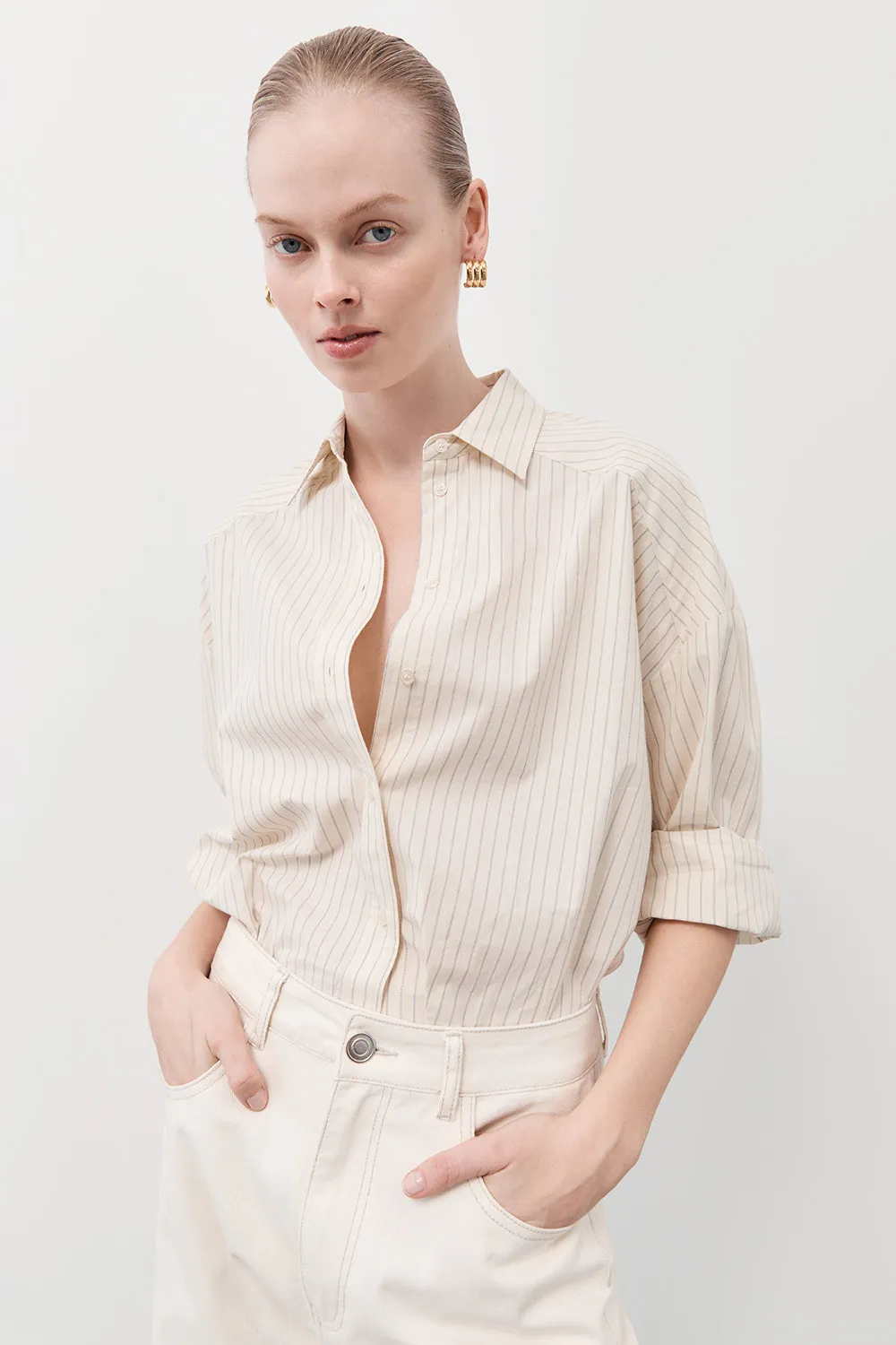 RILEY CREAM COTTON STRIPE SHIRT sold by Dissh