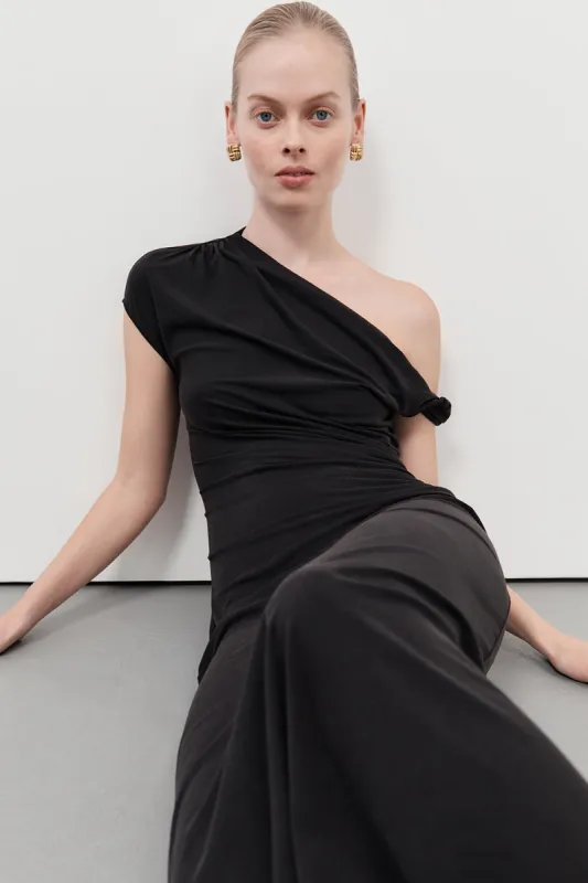 RIO WASHED BLACK DRAPED MAXI DRESS sold by Dissh