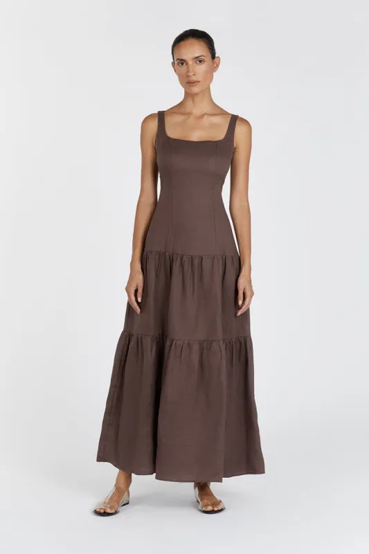 CAMILLE CHOCOLATE LINEN MAXI DRESS sold by Dissh