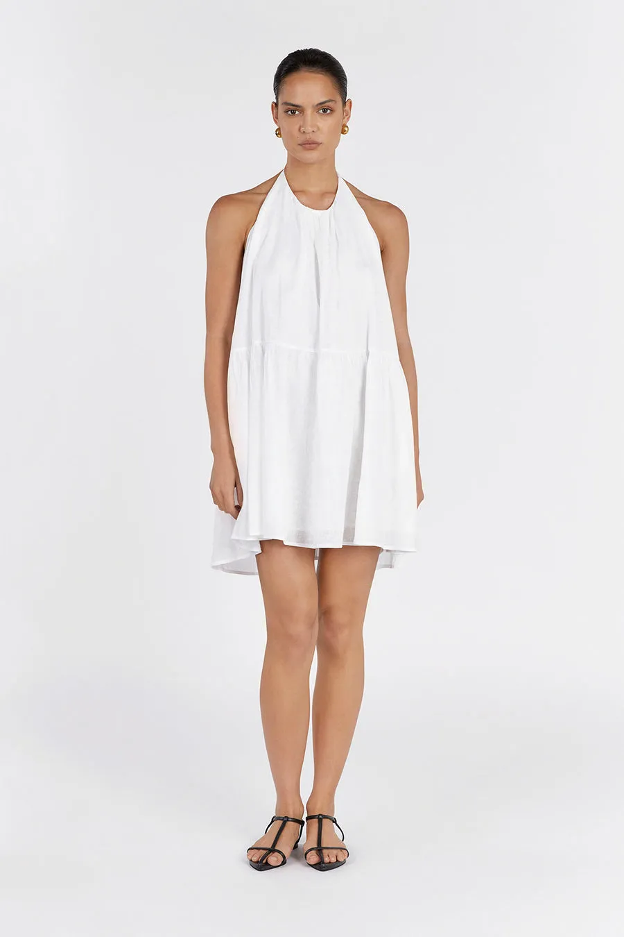 ARI WHITE LINEN HALTER MINI DRESS sold by Dissh